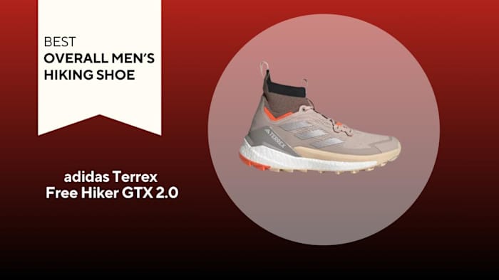 white, tan and orange adidas terrex free hiker gtx 2.0 hiking boot on a red background